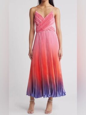 Anthropologie Hutch Fiji Maxi Pink Sunset Ombré Pleated Midi Dress Size 00
